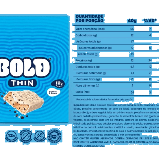 Barra de Proteína Thin, 12g de Proteína, Sabores, 3 Unidades, 40g Cada, BOLD Snacks