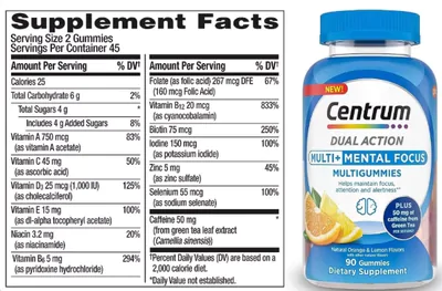 Centrum Dual Action, Para Foco E Energia, 90 Gomas Sabor Laranja Natural e Limão