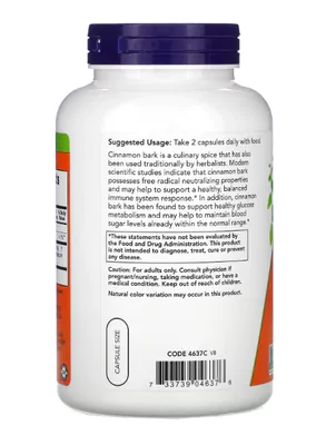 Cinnamon Bark (Casca de Canela), 600mg, 240 Cápsulas, Now