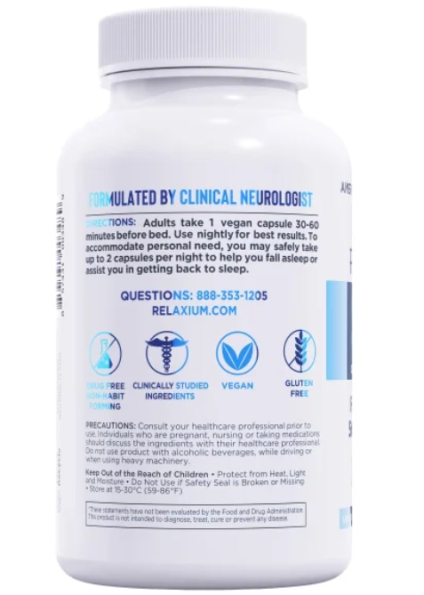 Relaxium, Suporte para Dormir sem Medicamentos, Com Melatonina, L-triptofano, GABA e Ashwagandha, 120 Cápsulas,  M.D Formulated
