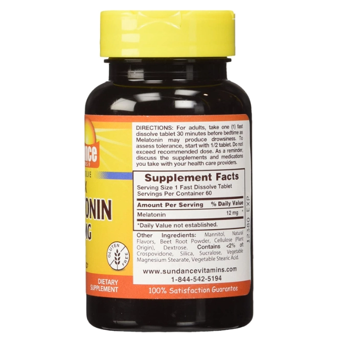 Melatonina, 12mg, 60 Comprimidos, Fast Dissolve, Sundance