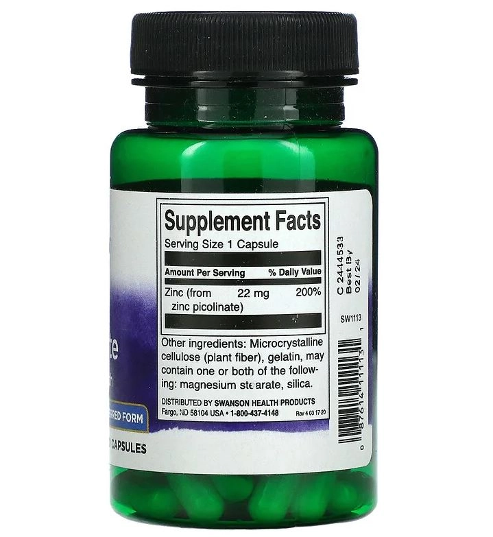 Picolinato de Zinco, 22 mg, 60 Cápsulas, Swanson