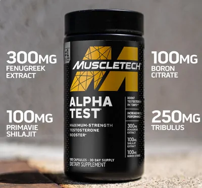 Alpha Test, Testosterone Max Strength, Amplificador de testosterona, 120 Cápsulas, MuscleTech