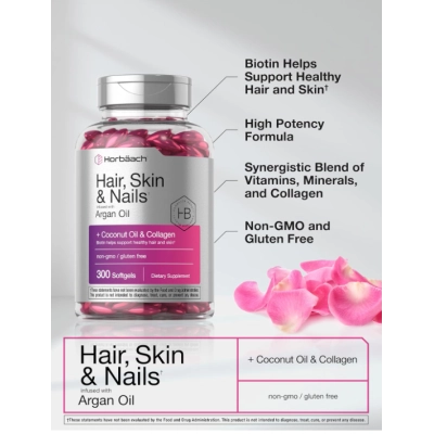 Hair Skin Nails, Cabelo, Pele e Unhas com Biotina, Colágeno e Óleo de Argan, 300 Cápsulas, Horbaach