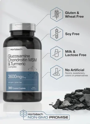 Glucosamina e condroitina com MSM e Cúrcuma, 3600mg, 360 Cápsulas, Horbaach