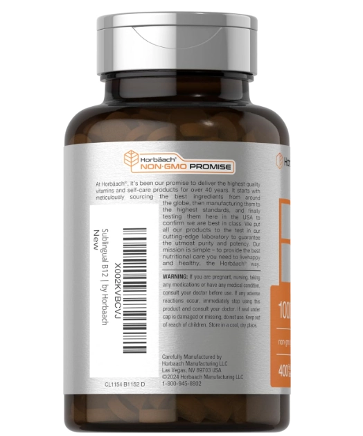 Vitamina B12 Metilcobalamina 1000mcg, 400 Comprimidos Sublinguais, Horbaach 