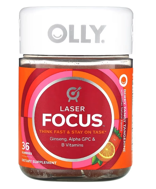 Laser Focus, Com Ginseng, Alpha GPC e Vitamina B, 36 Gomas Sabor Morango e Laranja, Olly