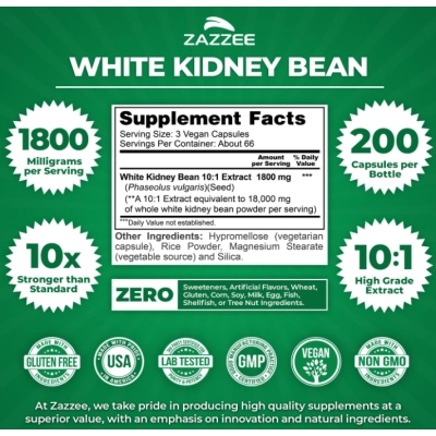 White kidney 1800mg , Extrato de Feijão Branco 10:1, 200 Cápsulas, Zazzee 