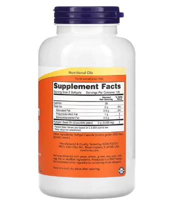 Pumpkin Seed Oil, Óleo da Semente de Abóbora 1000mg, 200 Cápsulas, Now