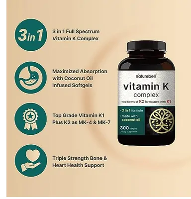 Vitamina K Complex, K1, K2 e MK-7, 300 Cápsulas, NatureBell