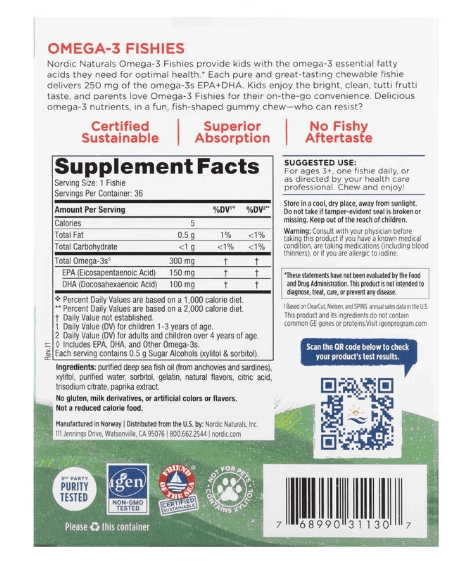 Omega-3 Fishies 300mg, 36 Peixinhos Sabor de Tutti-Frutti Zero Açúcar, Nordic Naturals