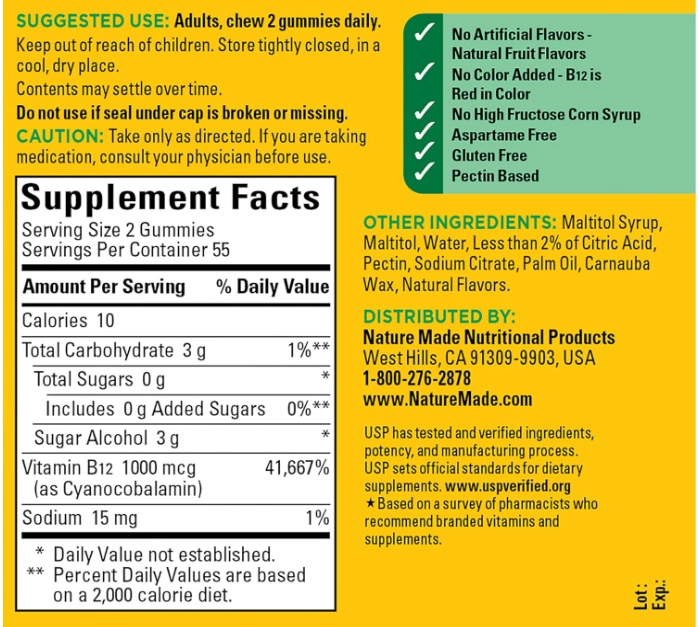 Vitamin B12 1000mcg, 110 Gomas Sabor Framboesa Sem Açúcar, Nature Made