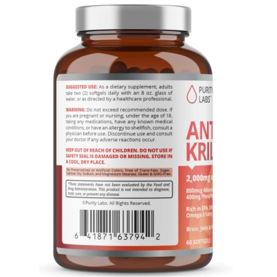 Óleo de Krill Antártico Puro 1000mg, com Astaxantina, Ômega  e Fosfolipídios, 60 Cápsulas, Purity Labs