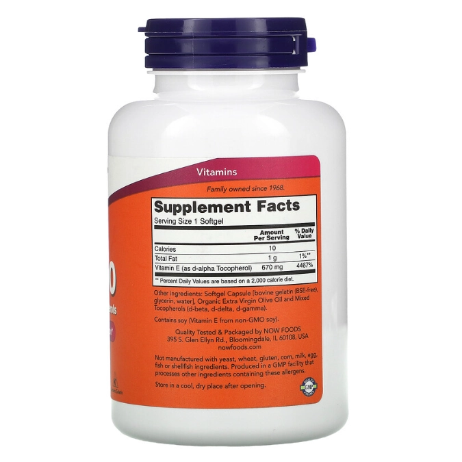 Vitamina E, 670 mg (1.000 UI) com Tocoferóis Mistos, 100 Cápsulas, Now