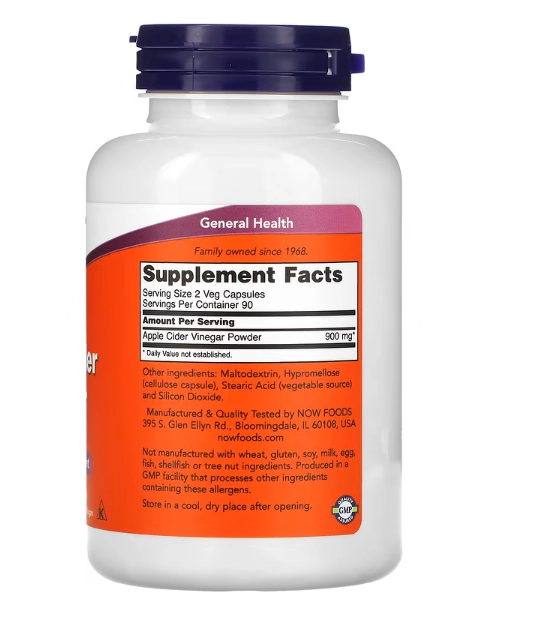 Apple Cider Vinegar (Vinagre de Maçã), 450mg, 180 cápsulas, Now