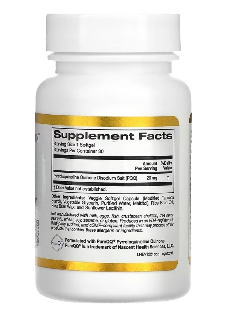 PQQ (pyrroloquinoline quinone), 20mg, 30 Cápsulas em Gel, California Gold