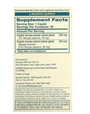 Bacopa Orgânica 500mg, 30 Cápsulas, Himalaya