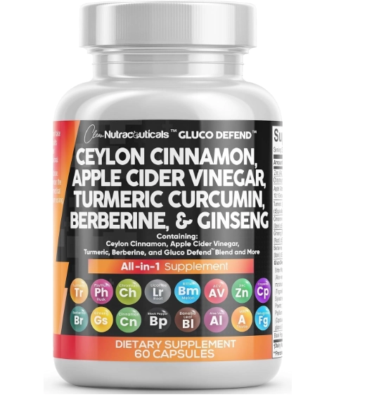 Ceylon Cinnamon com Cúrcuma, Apple Cider Vinegar, Ginseng, Bitter Melon e Berberine, 60 Cápsulas, Clean Nutraceuticals