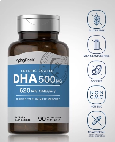 DHA 500mg, Ômega-3 600mg, 90 Cápsulas, PipingRock