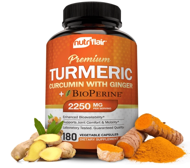 Cúrcuma Premium 2250mg, Turmeric com BioPerine, Ginger e  Black Pepper, 180 Cápsulas, NutriFlair
