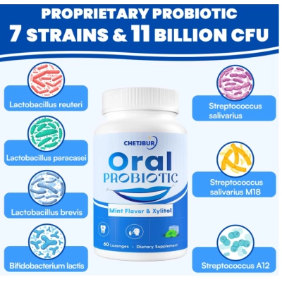 Oral Biotic, Probióticos orais, 11 bilhões de UFC, com M18, A12, para Mau Hálito, 60 Comprimidos Mastigáveis, Chetjbur