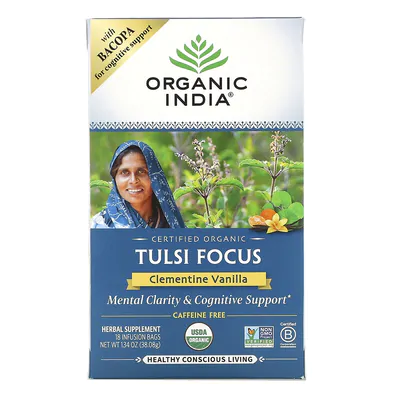 Chá Tulsi, Apoio Cognitivo, baunilha clementina, Sem cafeína, 18 saquinhos de infusão, Organic India