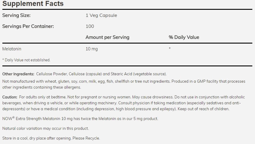 Melatonina, 10mg, 100 cápsulas, Now