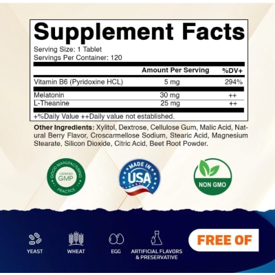 Melatonina 30mg, Com B6 e L-Teanina, 120 Comprimidos Sabor Frutas Vermelhas, Vitamatic 