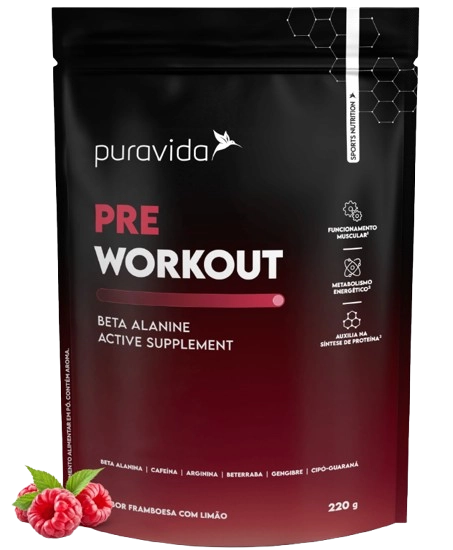 Pré Treino, Pre Workout, 220g Sabor Framboesa com Limão, Puravida