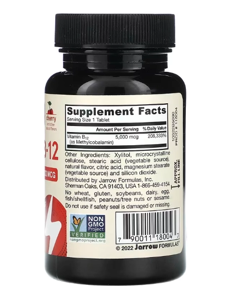 Vitamina Methyl B-12 Força Máxima, 5000mcg, 60 Comprimidos Sabor Cereja, Jarrow Formulas