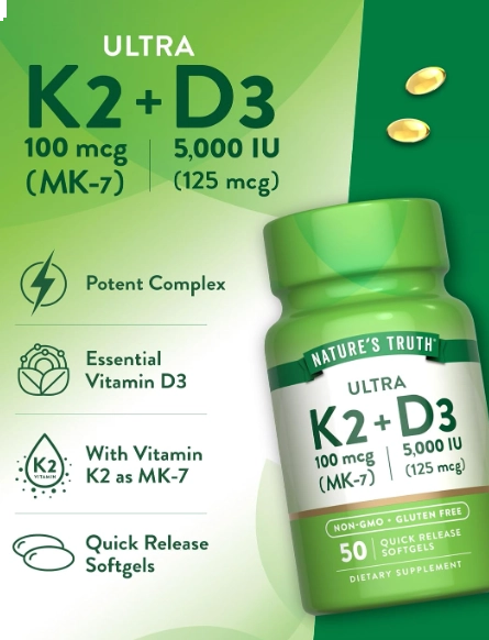 Complexo de Vitamina K2 e MK7 + D3, 800mcg, 50 Cápsulas, Nature's Truth