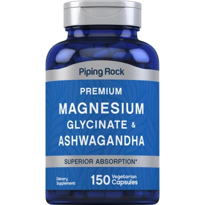 Glicinato de Magnésio + Ashwagandha, 1500mg, 150 Cápsulas, PipingRock 