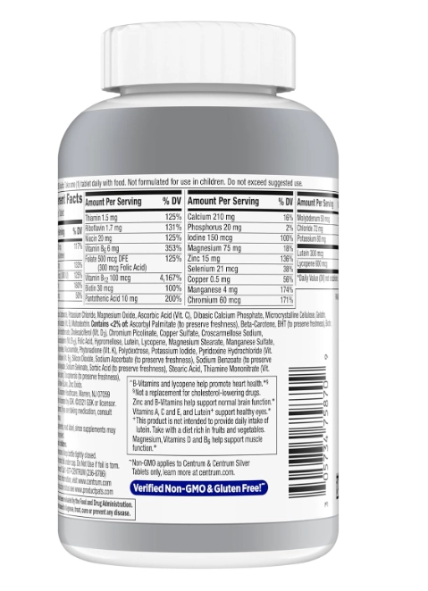 Centrum Men 50+ Multivitamínico Prateado, Com vitamina D3,B e Zinco, 200 Comprimidos