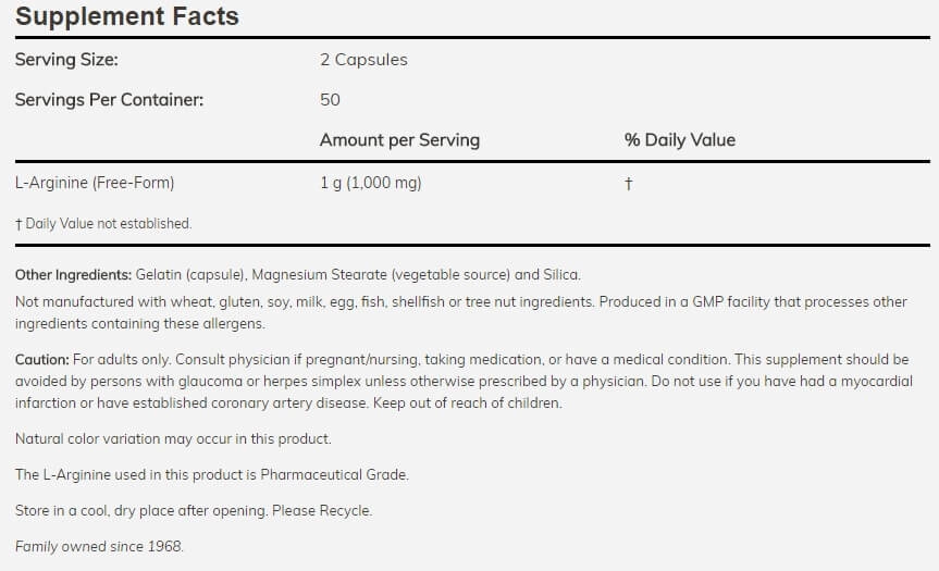 L-arginina, 500mg, 100 Cápsulas, Now