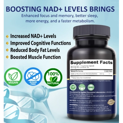 NMN 500mg, Nicotinamida Mononucleotídeo, 90 Cápsulas, Ageless