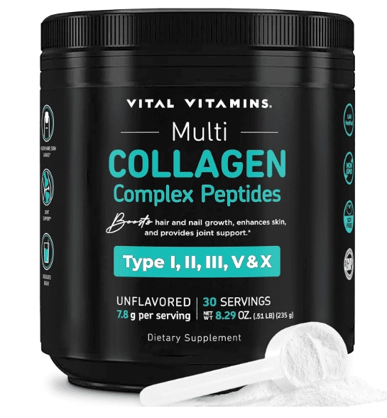 Peptídeos de Colágeno em Pó,  Tipo I, II, III, V, X, 235g Sem Sabor, Vital Vitamins
