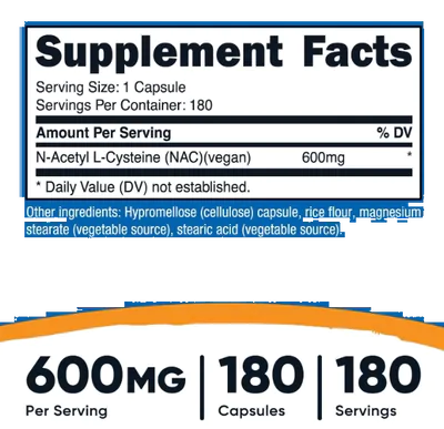 NAC, N-acetil L-cisteína, 600mg, 180 Cápsulas, Nutricost