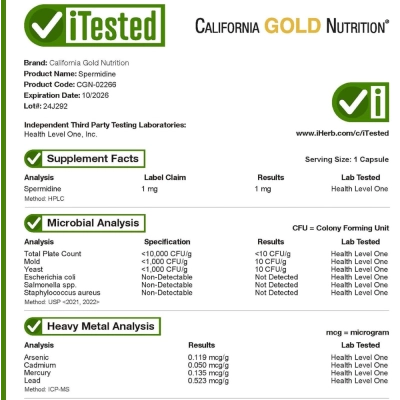 Spermidine 1mg (Rice Germ Extract), 30 Cápsulas, California Gold Nutrition