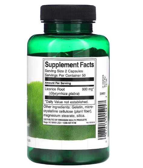 Licorice Root, Raiz de alcaçuz 450mg, 100 Cápsulas, Swanson