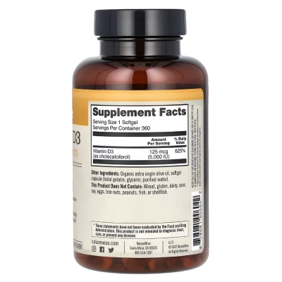 Vitamina D3, 125mcg (5.000 IU), 360 Cápsulas, NatureWise