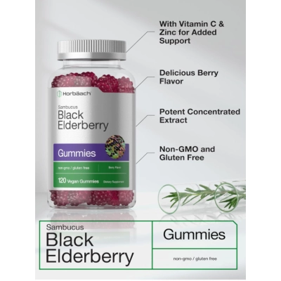 Black Elderberry, Sabugueiro Preto com Zinco e Vitamina C, 120 Gomas sabor Frutas Vermelhas, Horbaach
