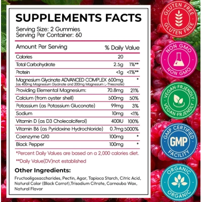 Magnésio Glicinato 600mg, com L-treonato, Groselha Preta, Cálcio e Vitamina B6,  120 Gomas Sabor Framboesa, CNFHDI