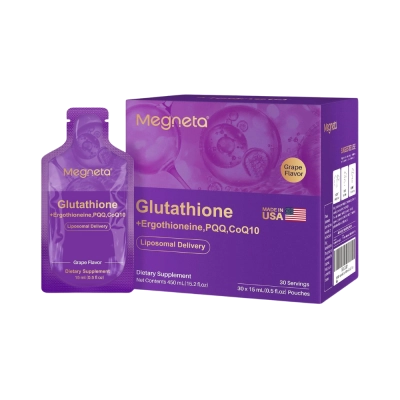 Liposomal Glutathione, 500mg Glutathione, PQQ, CoQ10, Vitamin C, Grape Flavor, 30 Sachês, Megneta