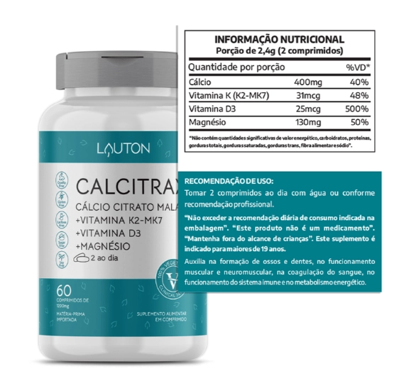 Calcitrax, Cálcio Citrato Malato, 60 Comprimidos, Lauton Nutrition