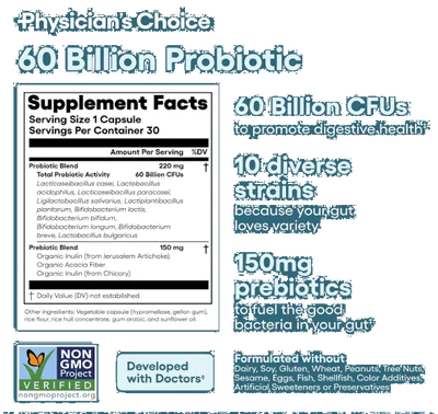 Probiótico 60 bilhões de UFC, 10 Cepas + Prebióticos Orgânicos, 30 Cápsulas, Physician's Choice