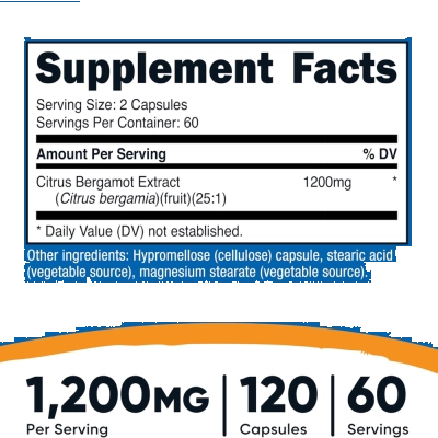 Bergamota Cítrica, 1200mg, 120 Cápsulas, Nutricost