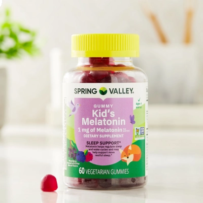 Melatonin Gummies for Kids 1mg, Melatonina Vegetariana, 60 Gomas Raspberry, Spring Valley