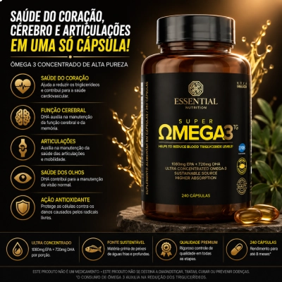 Super Ômega 3 TG, Saúde Cardiovascular, Cerebral e Anti-inflamatória, 240 Cápsulas, Essential Nutrition
