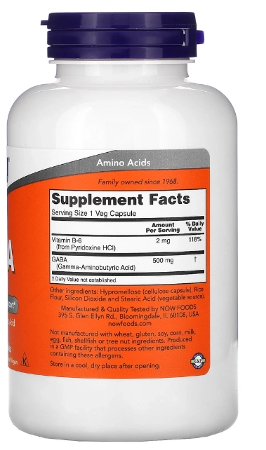 Gaba Com Vitamina B6, 500mg, 200 Capsulas, Now