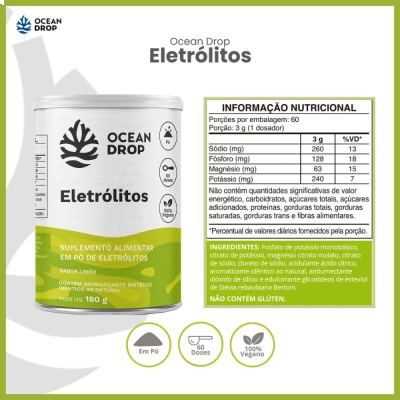 Eletólitos, Sabor Limão, 180g, 60 Doses, Ocean Drop